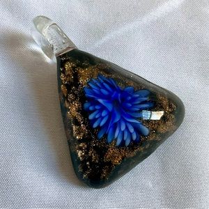 Handcrafted Lampwork Glass Pendant. Triangle. Blue Flower.
